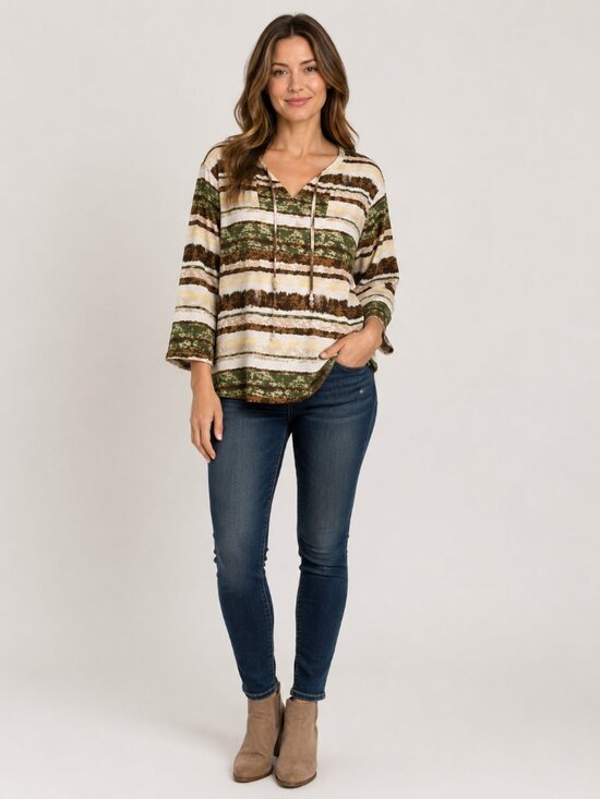 Rebecca Malone Tops - Rebecca Malone Women’s Large Boho Striped Peasant Top 3/4 Sleeve Tie Neck Cotton